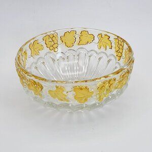 MCM Vintage Clear Glass Candy Nut Bowl Dish Amber Grape Clusters Leaves 4" Diam